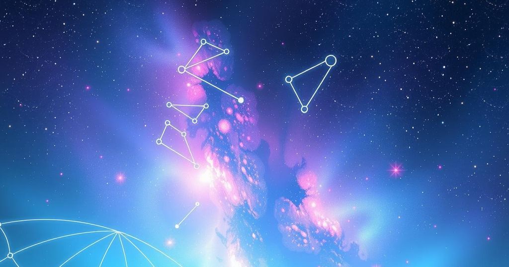 Celestial interpretation of astrology vibes with colourful stars and constellations in a dreamy night sky.