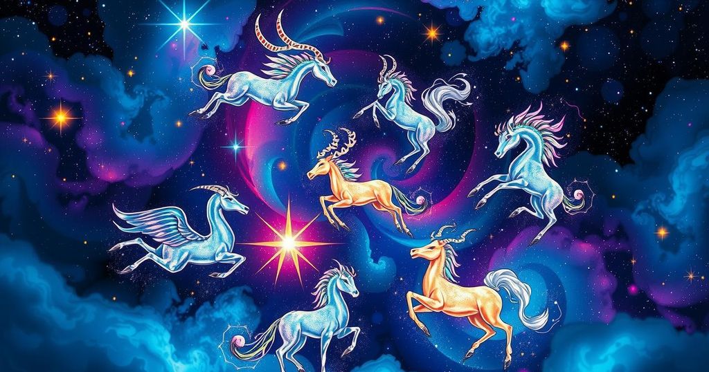 Colourful zodiac signs and astrological symbols with celestial background in a vibrant artistic style.
