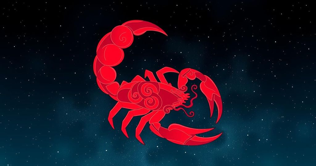 A mystical scorpion design in red tones against a starry night sky symbolizing the Scorpio zodiac sign.