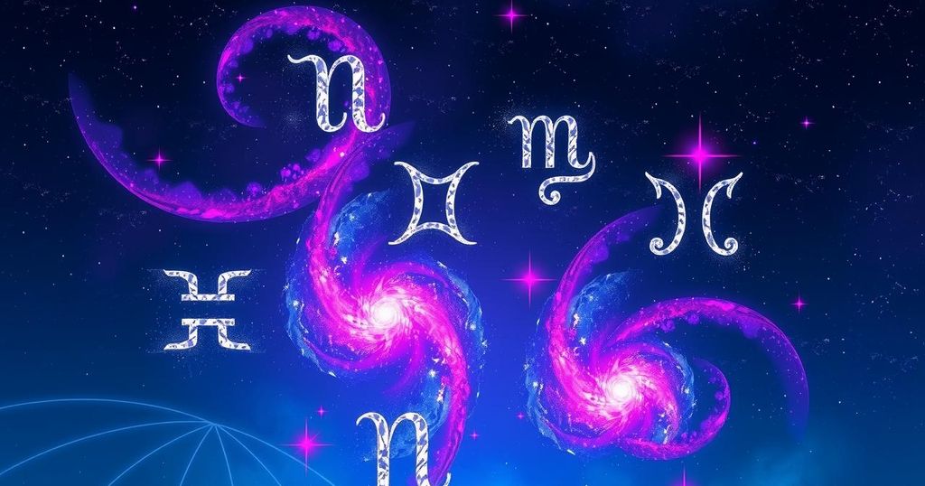 Celestial theme illustration with zodiac signs, night sky, and vibrant cosmic colours.