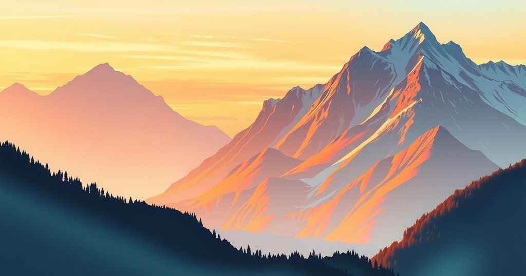 A serene mountain landscape at sunrise, symbolizing personal growth and mastery with warm colours.