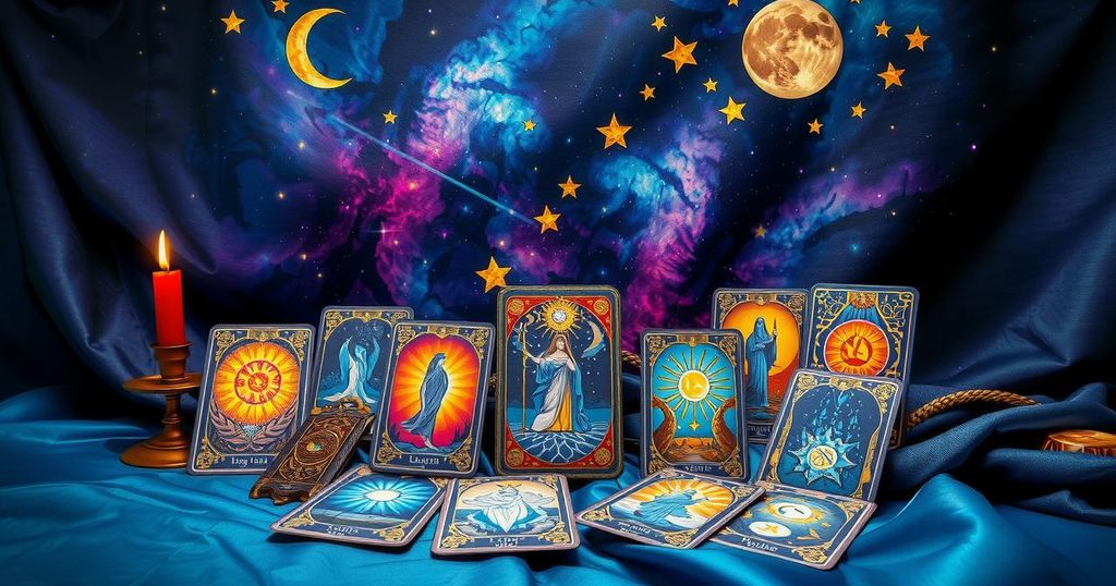 A mystical tarot scene with an assortment of colourful tarot cards and celestial motifs, symbolising astrology and intuition.