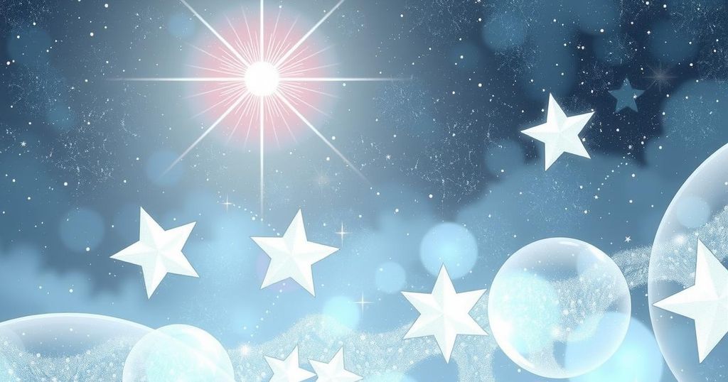 A serene astrological theme with silver stars and cosmic elements symbolizing happiness and success.