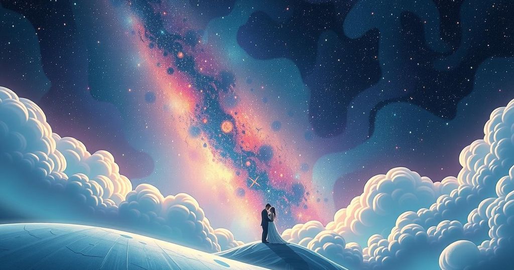 Astrological scene with celestial elements symbolizing transformational zodiac signs in a cosmic setting.