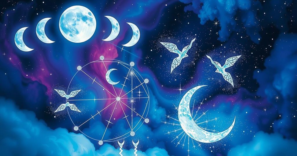 Astrological symbols with the Gemini constellation, moon phases, and vibrant colours in a cosmic background.