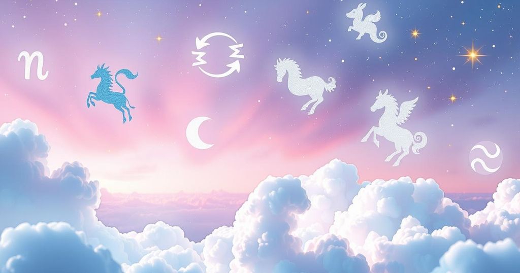 A serene cosmic landscape with zodiac symbols, soft pastels, and a bright starry night representing horoscopes.
