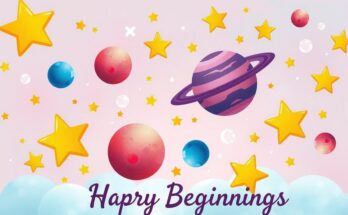 Vibrant astrological illustration depicting a cosmic celebration with celestial bodies and a soothing colour palette.