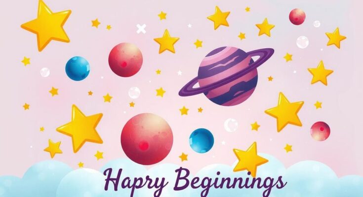 Vibrant astrological illustration depicting a cosmic celebration with celestial bodies and a soothing colour palette.