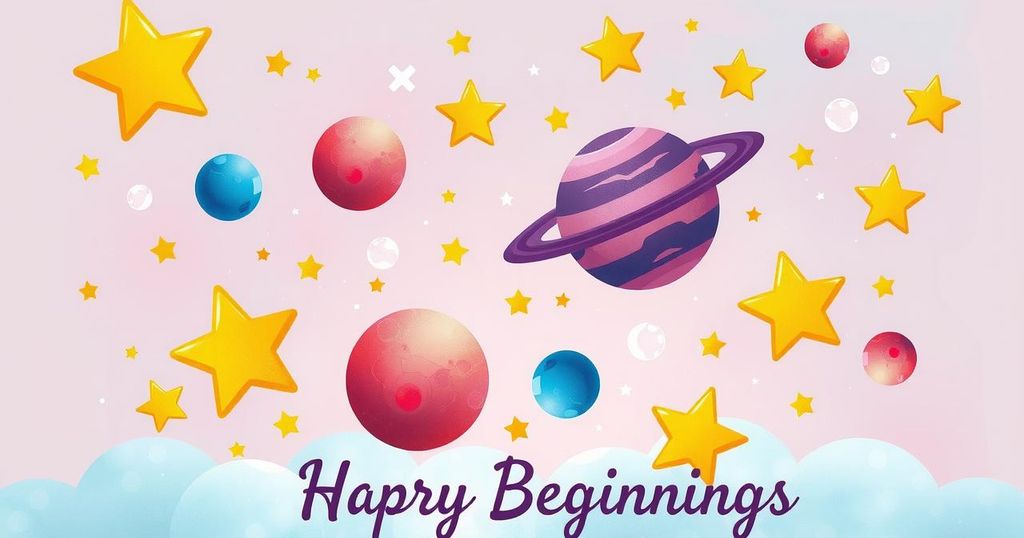 Vibrant astrological illustration depicting a cosmic celebration with celestial bodies and a soothing colour palette.