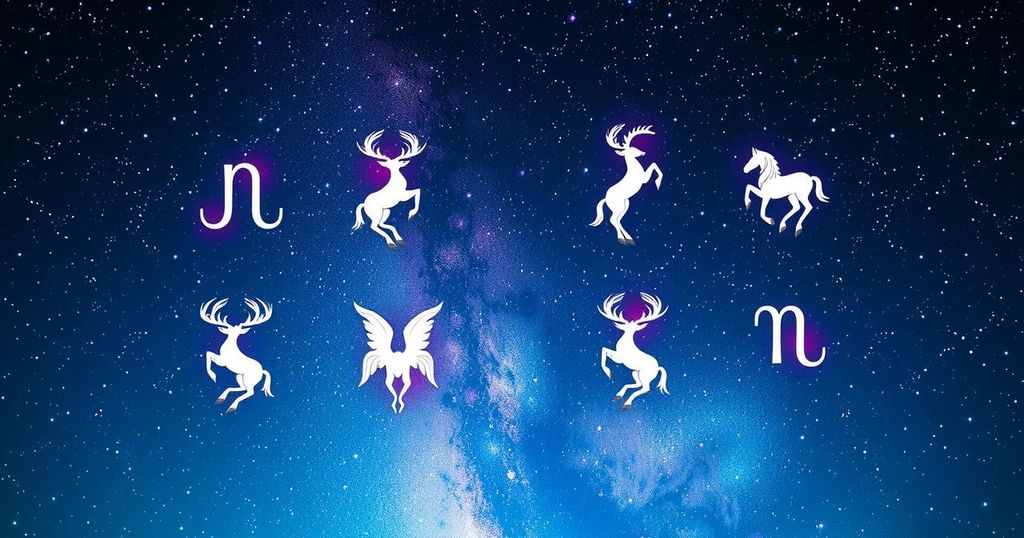 Celestial scene depicting zodiac signs with stars and cosmic colours illuminating the night sky.