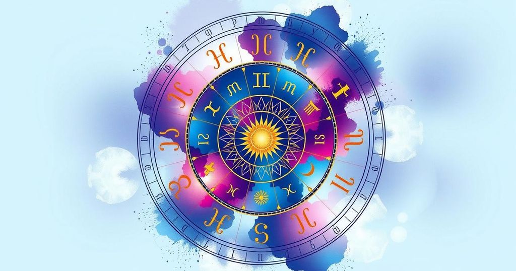 A colorful zodiac wheel featuring symbols and representations of the twelve astrological signs, vibrant and mystical.