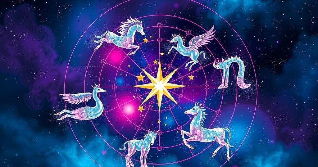 An astrological chart with zodiac signs, stars, and a cosmic background in vibrant colours.