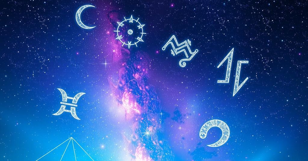 Astrological signs represented by colourful celestial constellations against a deep night sky, capturing the whimsical essence of horoscope interpretations.