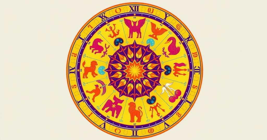 A zodiac wheel with astrological symbols and bright, warm colors highlighting each sign's traits and predictions.