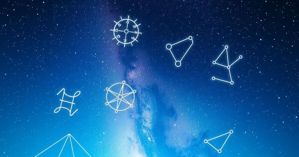 Celestial night sky with constellations representing the zodiac signs, bright stars illuminating a peaceful scene.