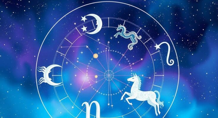 Celestial chart featuring zodiac signs and constellations with a dreamy colour palette of blues and purples.