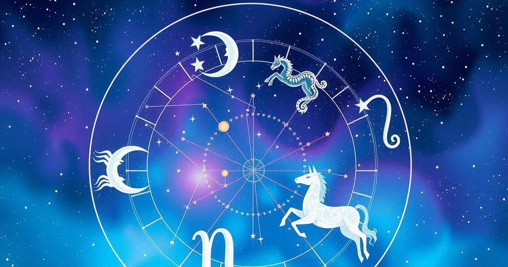 Celestial chart featuring zodiac signs and constellations with a dreamy colour palette of blues and purples.