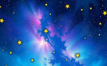 A starry night sky with vibrant constellations representing astrological signs, creating a mystical atmosphere.
