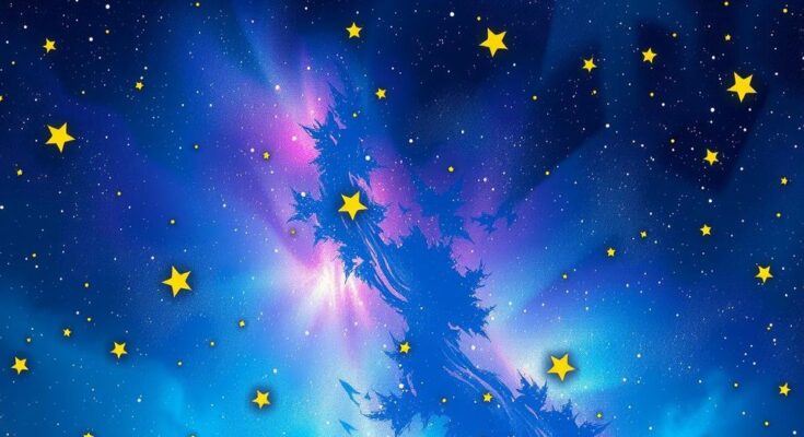 A starry night sky with vibrant constellations representing astrological signs, creating a mystical atmosphere.