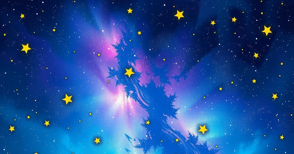 A starry night sky with vibrant constellations representing astrological signs, creating a mystical atmosphere.