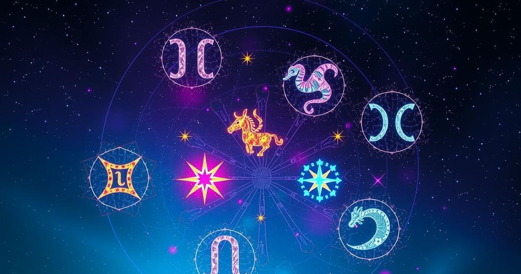 Colourful astrological symbols representing zodiac signs in a starry night sky with varying shades of blue and purple.