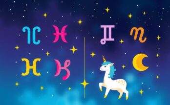 Astrology symbols and zodiac signs with a colourful celestial background, representing a weekly horoscope theme.