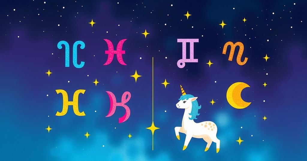Astrology symbols and zodiac signs with a colourful celestial background, representing a weekly horoscope theme.