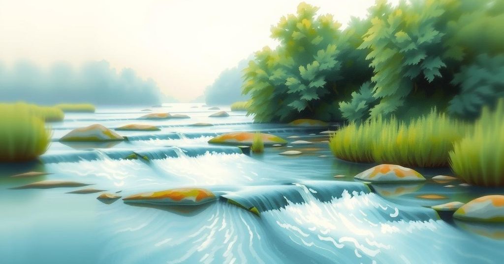 A serene pastel landscape featuring flowing water and lush greenery, symbolising harmony and balance.