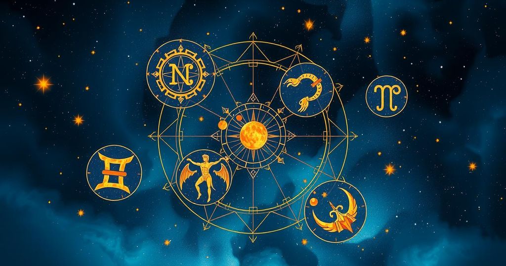 Astrological symbols with a celestial background in deep blue and gold, portraying astrological insights for the day.