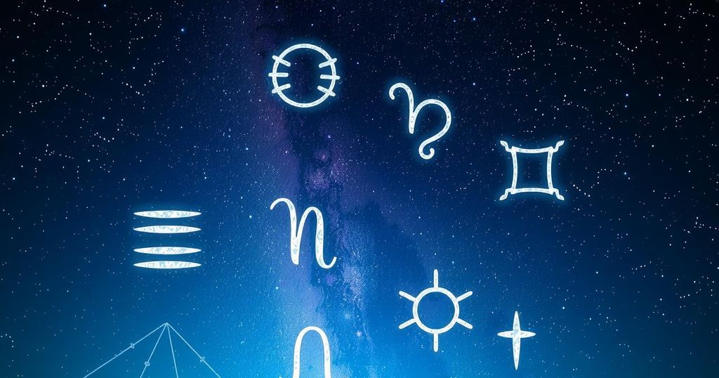Astrological symbols in a starry night with bright constellations, representing zodiac signs forecasting positive energy.