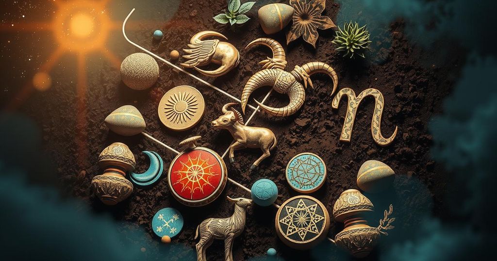 A celestial scene depicting zodiac symbols intertwined with Taurus and Mercury, set against rich earthy colours and cosmic elements.