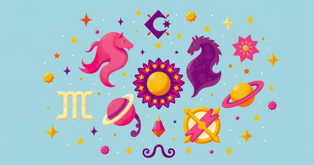 Astrological symbols with vibrant colours representing zodiac signs and cosmic energy in a whimsical design.
