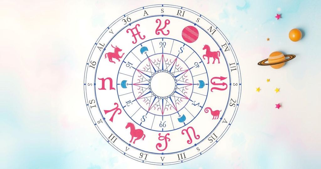 A serene celestial scene representing zodiac signs with stars and planets in light pastels, symbolising astrology and horoscopes.