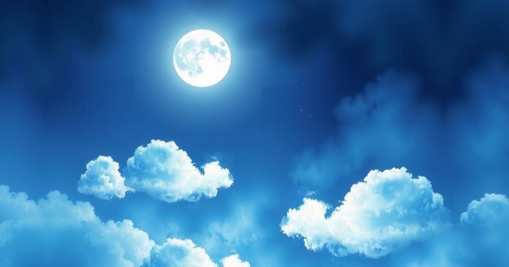 A serene night sky with a full moon illuminating clouds, set against a dreamy watercolour backdrop.