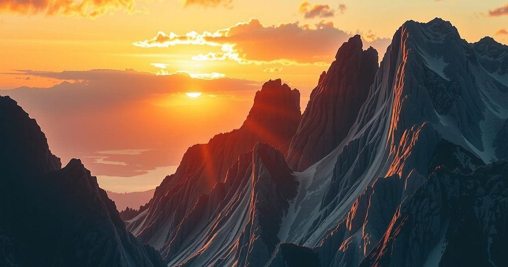 A vibrant sunrise over mountains symbolising growth, change, and new beginnings in an inspiring palette of warm hues.