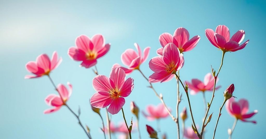 A serene landscape with pink flowers blooming under a bright sunny sky, symbolising positivity and harmony.