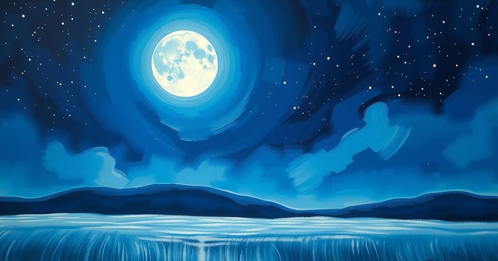 A starry night with a full moon over a serene landscape, emphasising themes of renewal and energy.