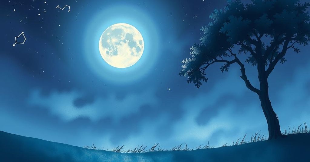 Full moon illuminating a starry night sky, with Scorpio constellations in view and soft blue and purple hues.