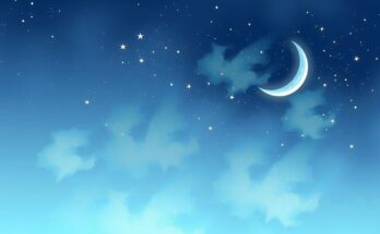A celestial night sky with stars and a crescent moon, conveying a sense of serenity and cosmic energy.