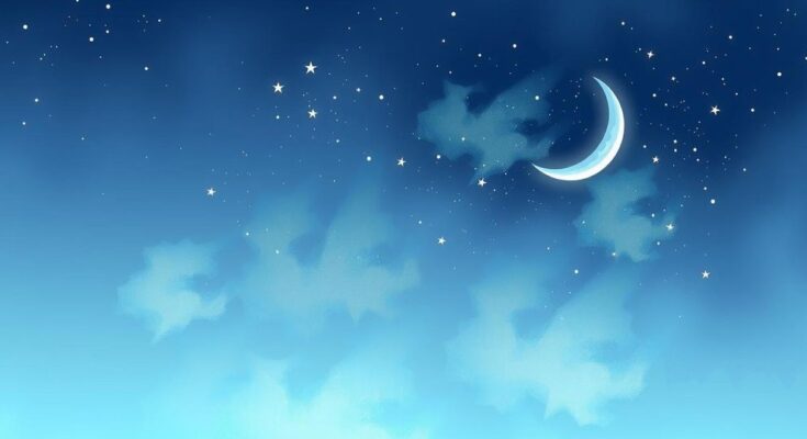 A celestial night sky with stars and a crescent moon, conveying a sense of serenity and cosmic energy.
