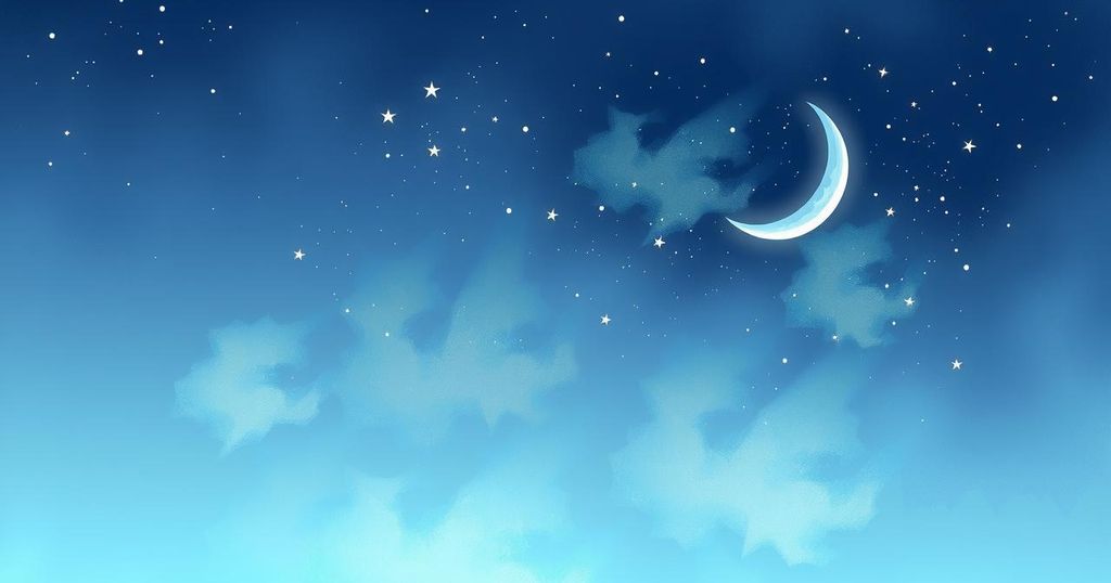 A celestial night sky with stars and a crescent moon, conveying a sense of serenity and cosmic energy.