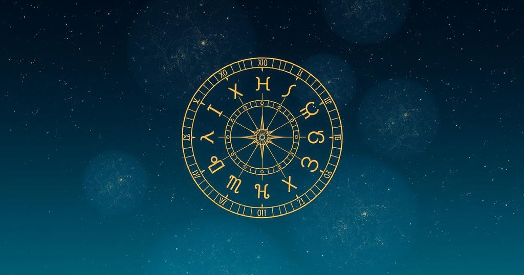 Astrology symbols with a zodiac wheel, stars, and cosmic colours in a serene night sky background.