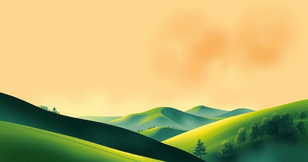 A serene landscape featuring a walnut brown sky over a tranquil scene with lush greenery and gentle hills.