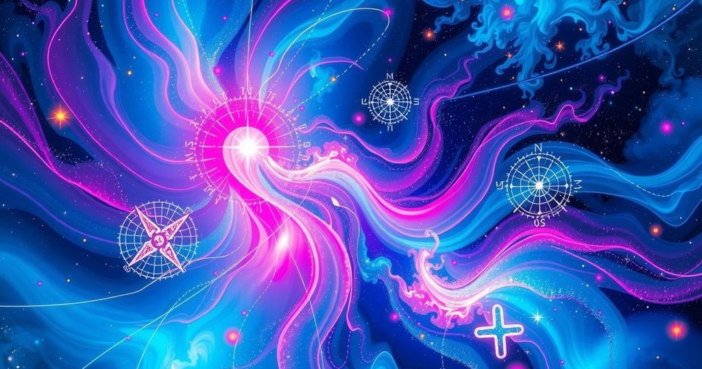 Astrological symbols with a colourful cosmic background representing daily horoscope insights.