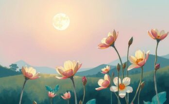 A serene landscape under a new moon with blooming plants, symbolizing growth and fresh beginnings, in soft pastel colours.