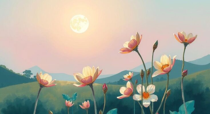 A serene landscape under a new moon with blooming plants, symbolizing growth and fresh beginnings, in soft pastel colours.