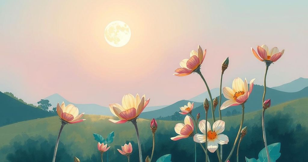 A serene landscape under a new moon with blooming plants, symbolizing growth and fresh beginnings, in soft pastel colours.