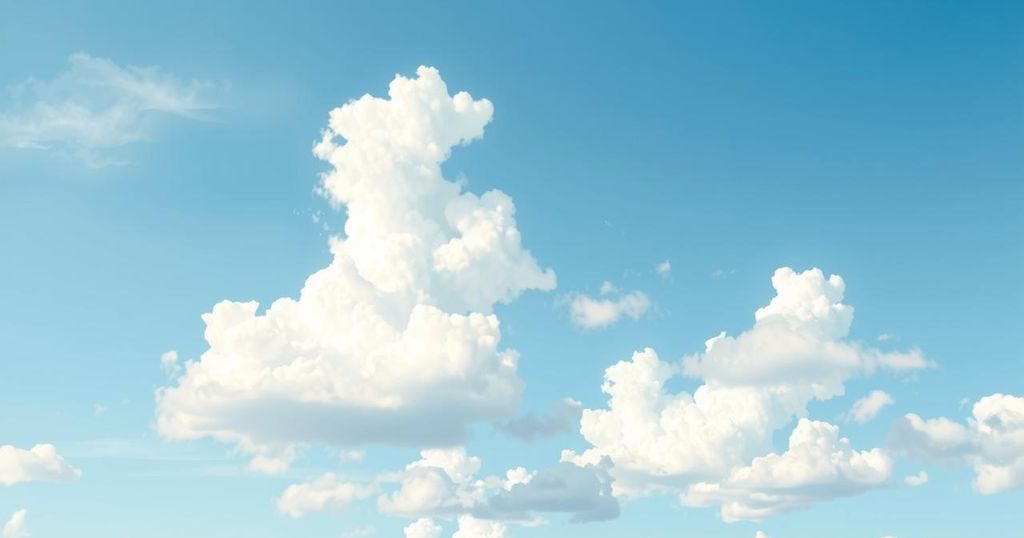Bright baby blue background with a sunny sky, uplifting clouds, and gentle abstract shapes representing positivity and high morale.
