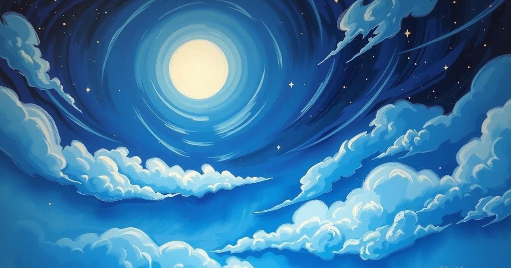 A celestial scene depicting the moon in a night sky, surrounded by twinkling stars and clouds, infused with soft blues and purples.