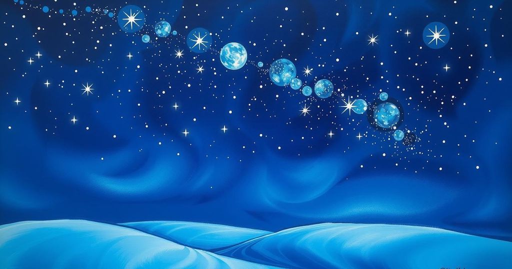 A vibrant celestial scene depicting a starry night sky over a serene landscape, illustrating cosmic energy and resilience.